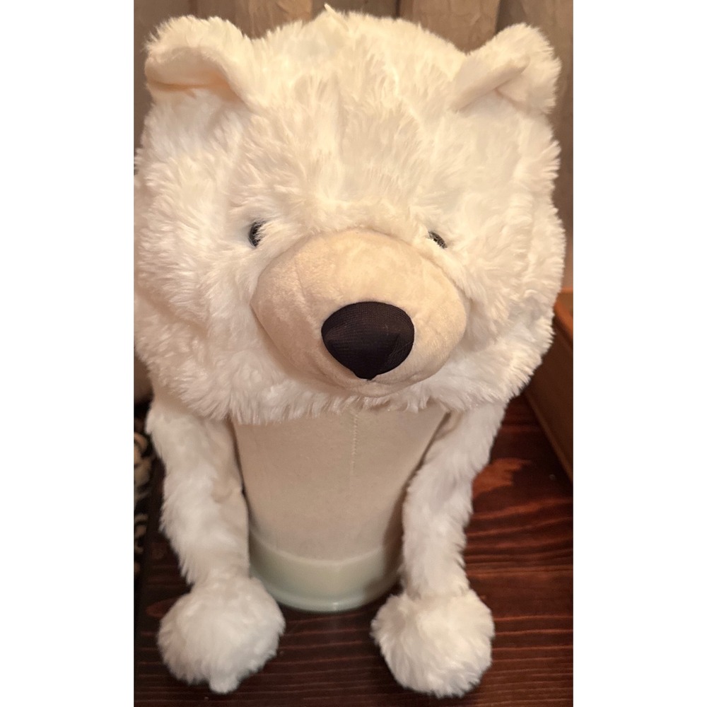 DolliBu White Polar Bear Plush Trapper Hat Faux Fur Pom Poms Lined Winter OSFM